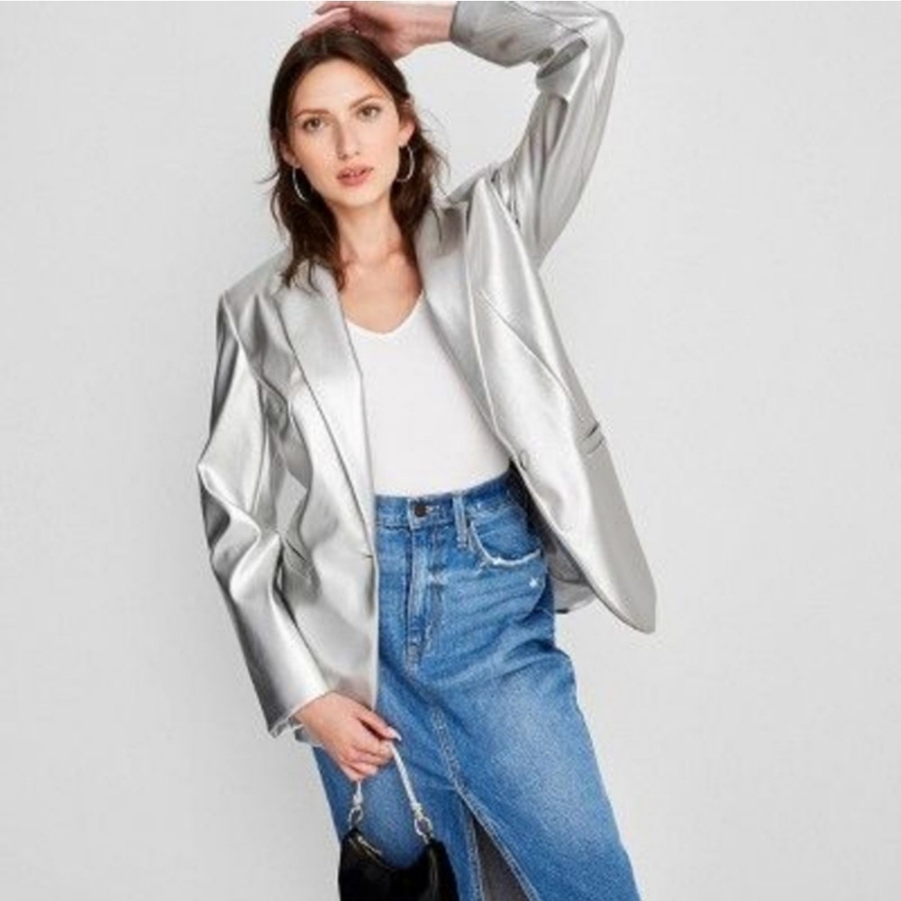 Women's Relaxed Fit Faux Leather Blazer - A New Day Silver Small